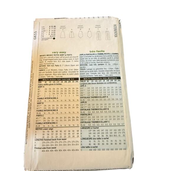 Butterick 6833 Fast & Easy Vintage Y2K French Connection Skirt Pants Pattern - Picture 3 of 4